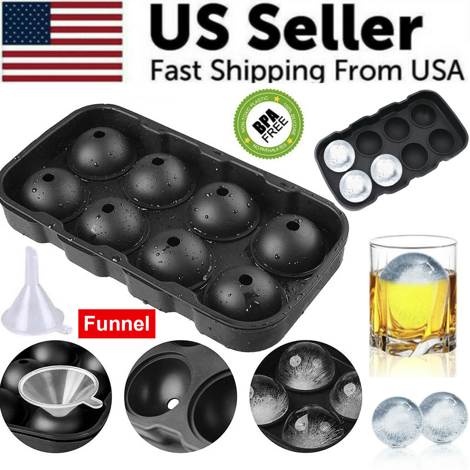 Black Round Silicon Ice Cube Ball Maker Tray 8 Large Sphere Molds Bar W/ Funnel