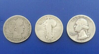 3x 90% Silver Quarters 1907-o Barber, 1925 Standing Liberty, 1941-d Washington